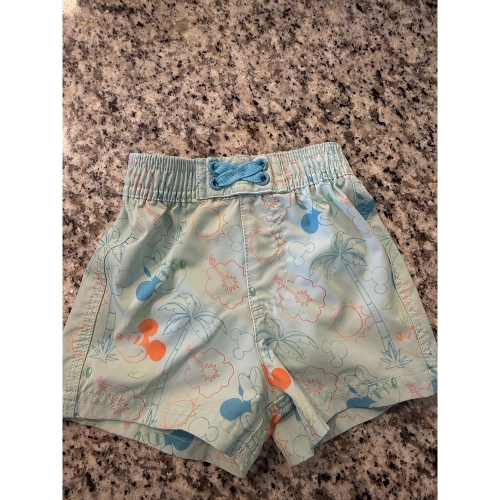 Disney Mickey Mouse Hawaii Tropical Light Blue Orange Swim Trunks Shorts 3/6m